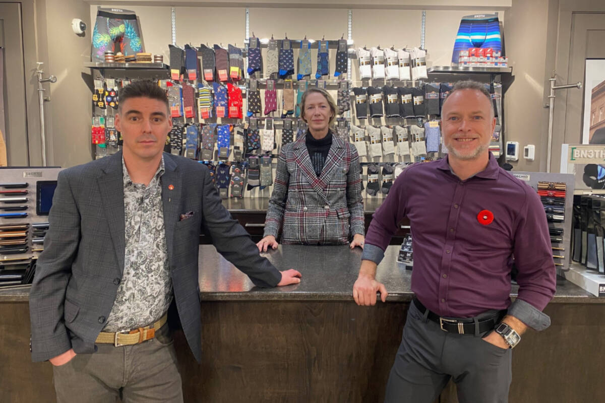 From left, Jim’s Clothes Closet manager Nathain Matheson, CoCo Bezjack and Randy Ganne. The store is celebrating its one-year anniversary serving the Cowichan Valley.