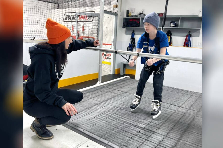 A young hockey player trains on the Skatemill at the Hockey Labs in Abbotsford. Photo courtesy Hockey Labs