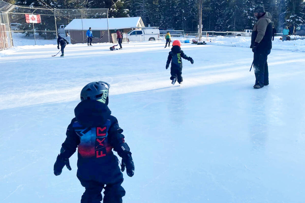 Silver Creek residents enjoy time on the ice over the weekend at Silver Creek Community Park. The rink was prepared and is cared for by resident John Oosterhuis. (Chantelle Prochnau/Facebook photo)