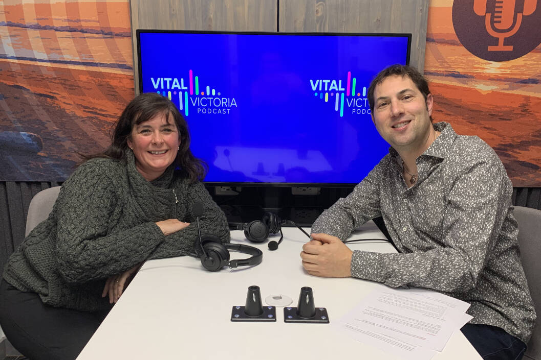 Anne McIntyre, founder and executive director of Soap for Hope Canada, and Lucky Budd, host of the Vital Victoria Podcast. Photo courtesy the Victoria Foundation