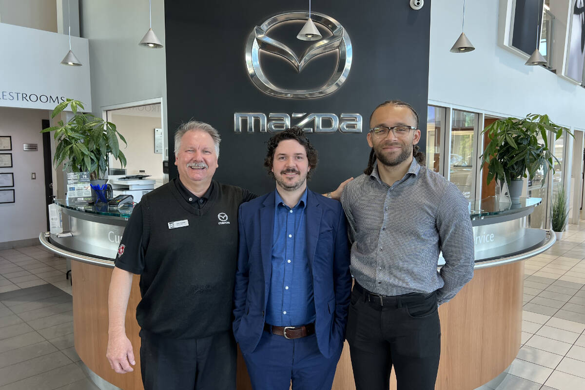 Murray Mazda’s John Clysdale, Service Manager Kurtis Wilde and Product Advisor Bentley Thomas. Working with vehicle buyers in Chilliwack, Murray Mazda has helped plant 12,750 trees in communities throughout B.C., Canada and beyond. Murray Mazda photo