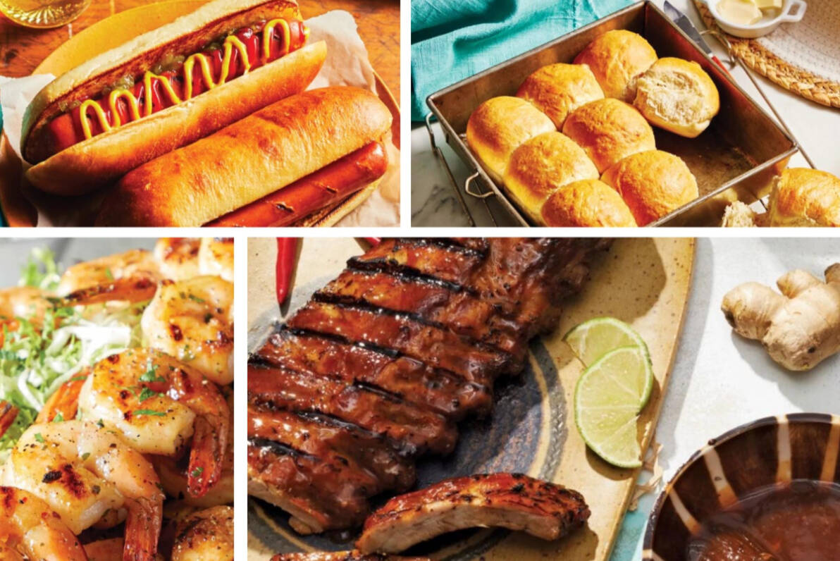 From left to right: Frankfurters, pull-apart potato buns, shrimp skewers, BBQ-ready ribs. Photo courtesy of M&M Food Market.