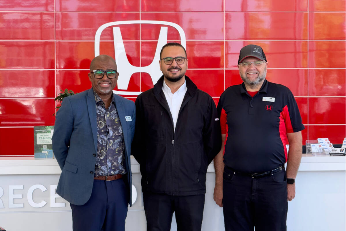 A few of Chilliwack’s Murray Honday team, from left: General Sales manager Paul Tulloch; Sales and leasing consultant Navjot Singh; and Tim from Service. Courtesy Murray Honda